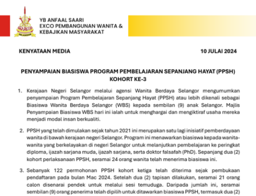 Kenyataan Media Majlis Penyampaian Biasiswa Wanita Berdaya Selangor